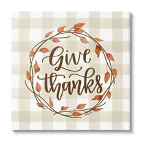 Give Thanks Neutral Plaid Autumn Leaves Wreath Inspirational Graphic Art Gallery-Wrapped Canvas Print Wall Art