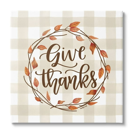 Give Thanks Neutral Plaid Autumn Leaves Wreath Inspirational Graphic Art Gallery-Wrapped Canvas Print Wall Art