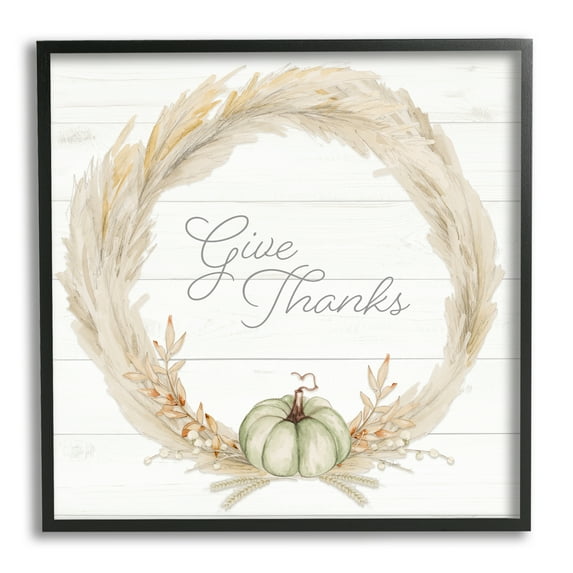 Give Thanks Phrase Country Wheat & Pumpkin Wreath Inspirational Graphic Art Framed Art Print Wall Art