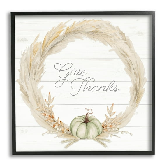 Give Thanks Phrase Country Wheat & Pumpkin Wreath Inspirational Graphic Art Framed Art Print Wall Art