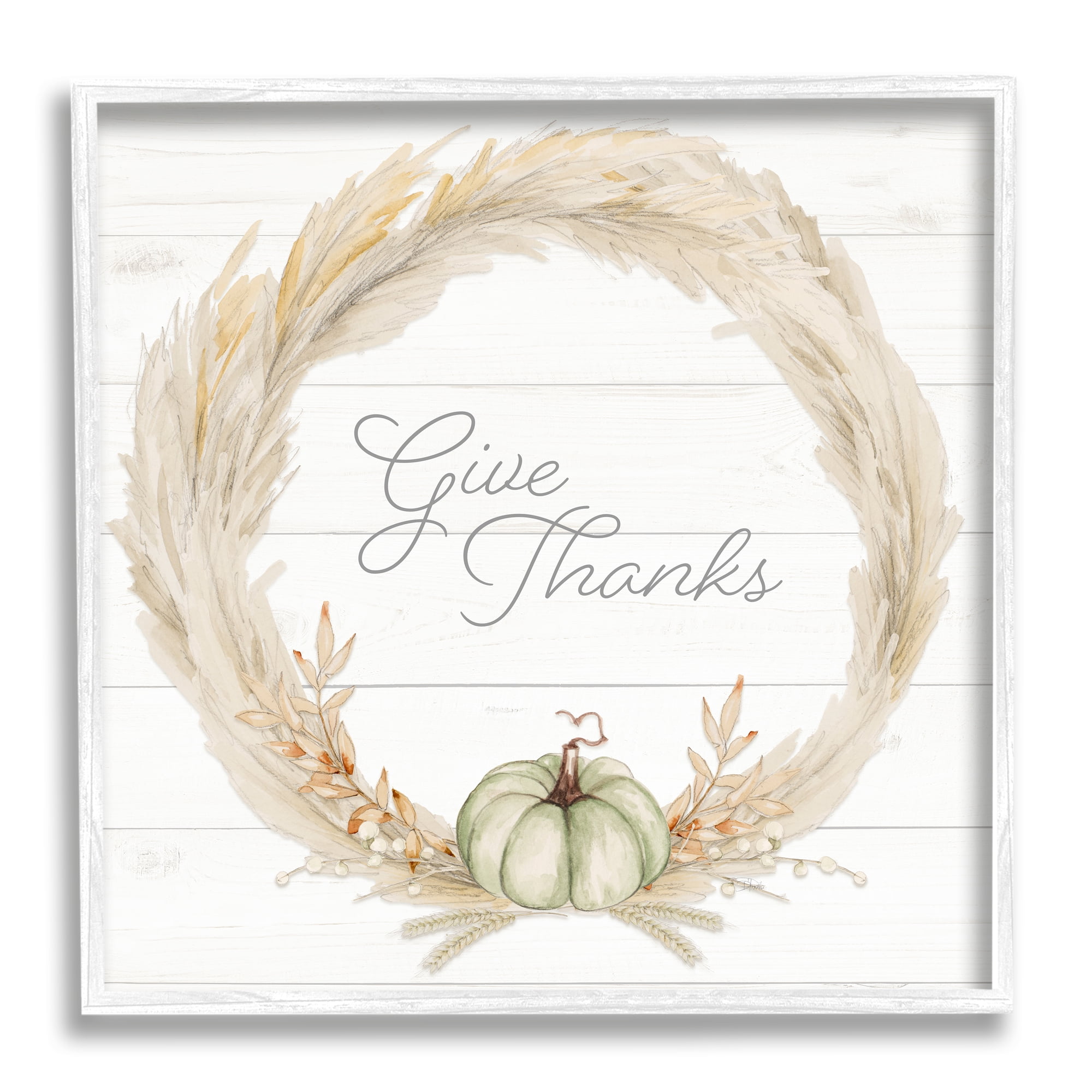 Give Thanks Phrase Country Wheat & Pumpkin Wreath Inspirational Graphic Art Framed Art Print Wall Art