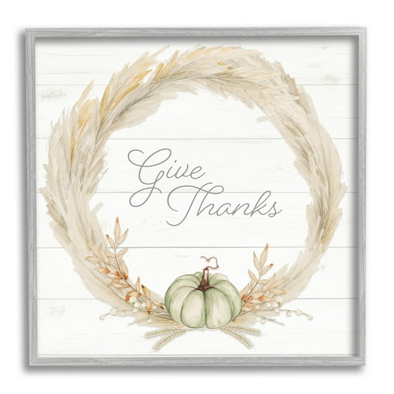 Give Thanks Phrase Country Wheat & Pumpkin Wreath Inspirational Graphic Art Framed Art Print Wall Art
