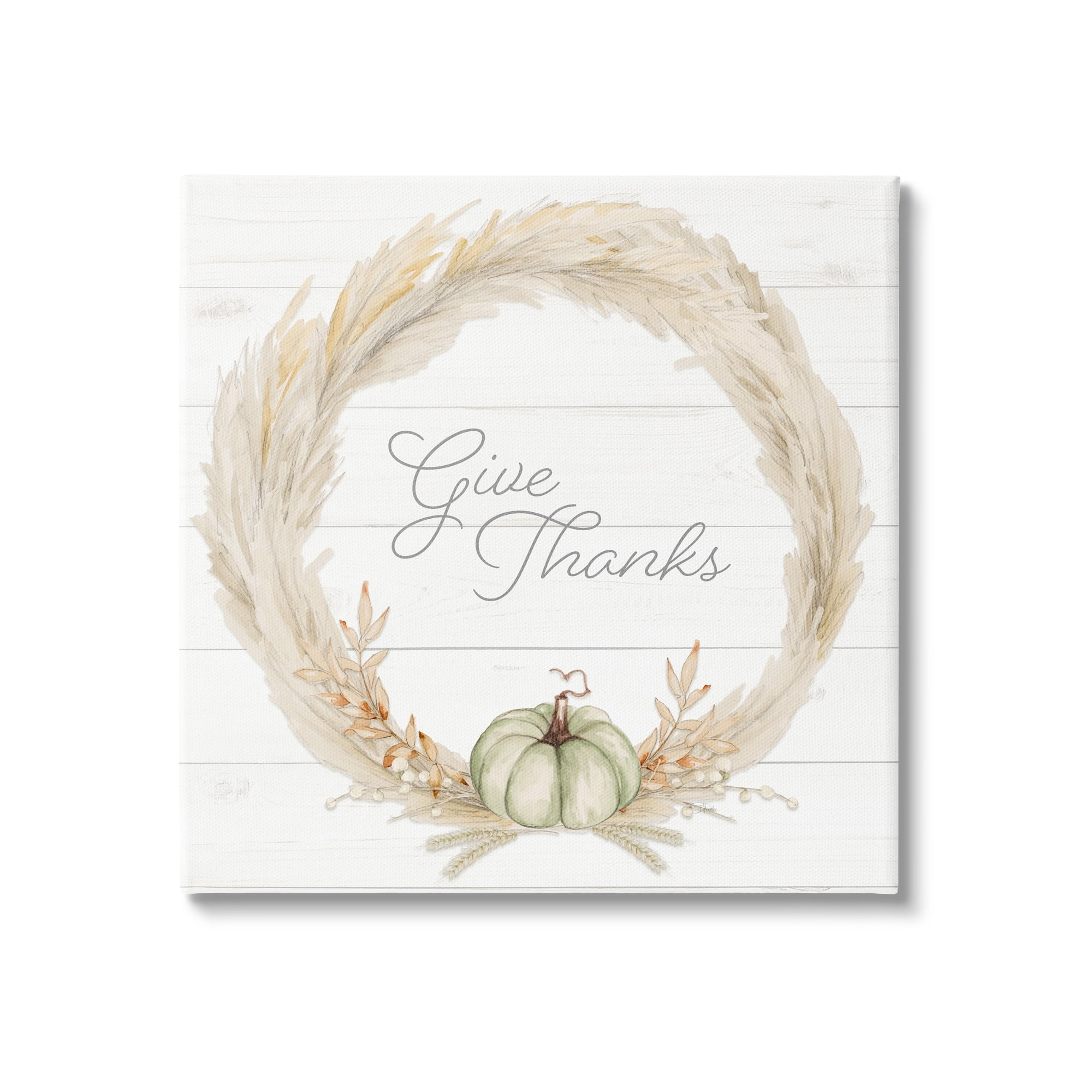 Give Thanks Phrase Country Wheat & Pumpkin Wreath Inspirational Graphic Art Gallery-Wrapped Canvas Print Wall Art
