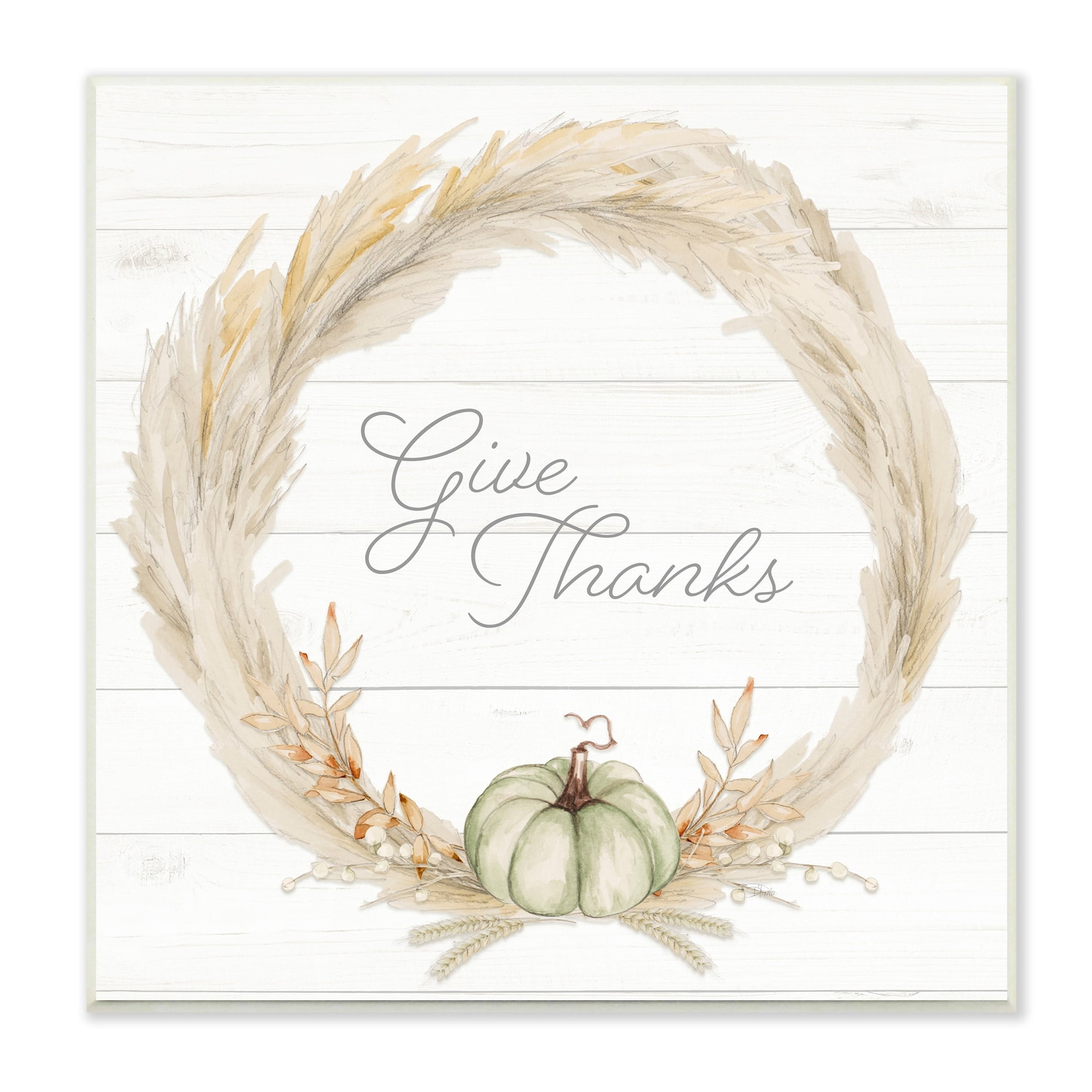 Give Thanks Phrase Country Wheat & Pumpkin Wreath Inspirational Graphic Art Unframed Art Print Wall Art