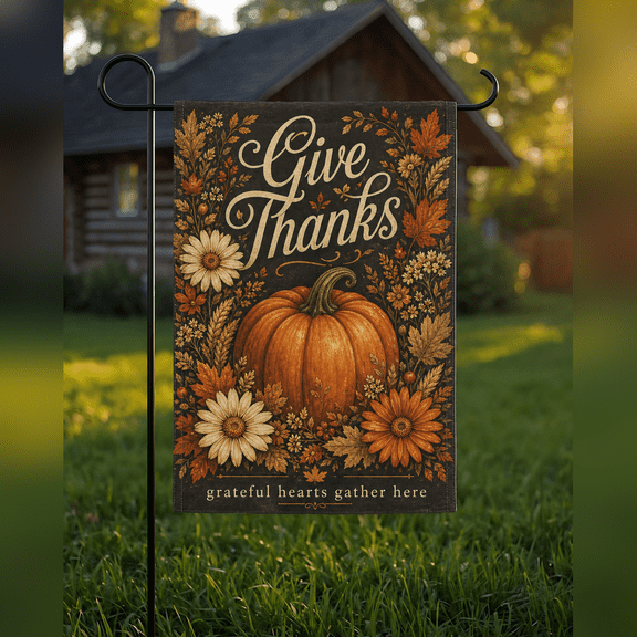Give Thanks Pumpkin Burnt Orange Garden Flag Fall Porch Decor