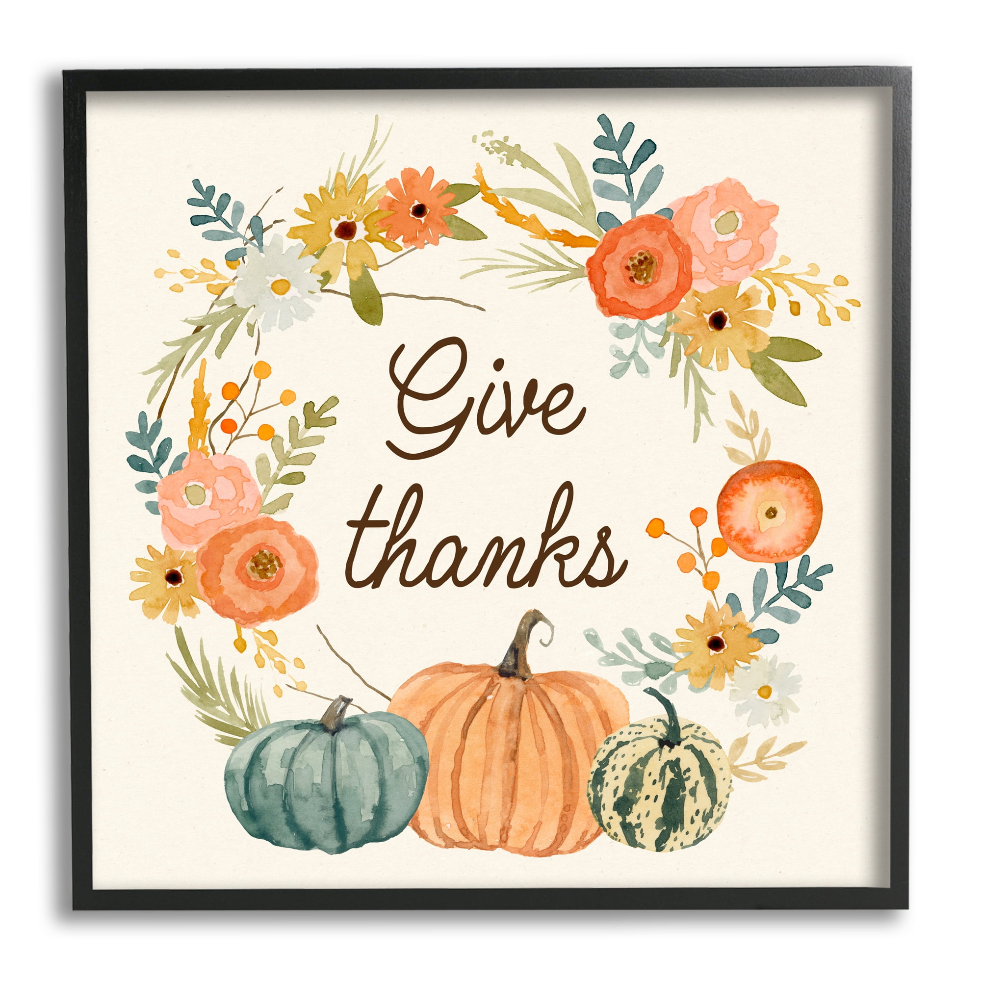 Give Thanks Sentiments Orange Floral Pumpkin Wreath Inspirational Framed Art Print Wall Art, 17x17