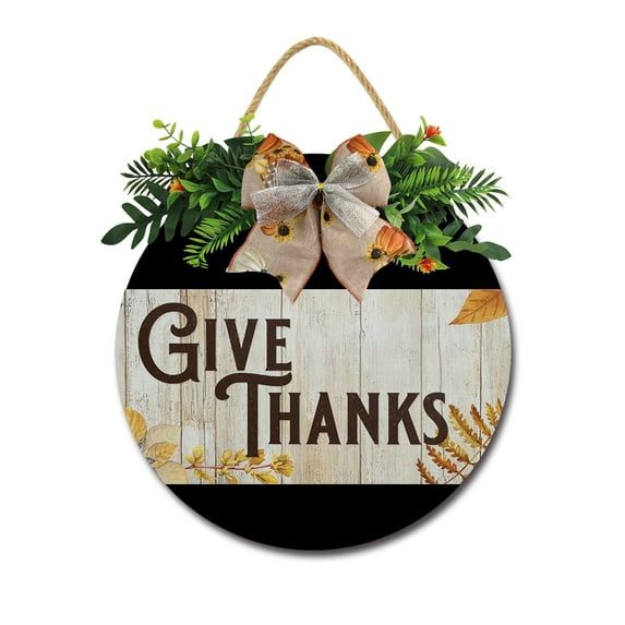 Give Thanks Sign Farmhouse Wood Sign Front Porch Decor Rustic Wooden Sign Wall Decor Hanging Wooden Decorations with Bow-Knot for Home Porch Wall Door, 12 x 12 inch