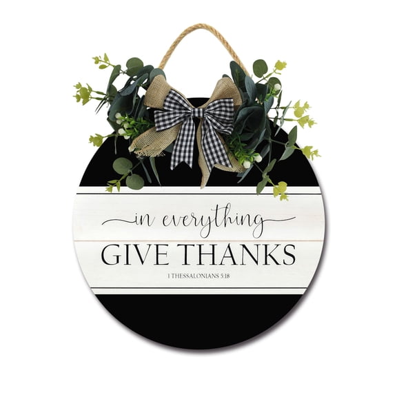 Give Thanks Sign Farmhouse Wood Sign Front Porch Decor Rustic Wooden Sign Wall Decor Hanging Wooden Decorations with Bow-Knot for Home Porch Wall Door, 11 x 11 inch