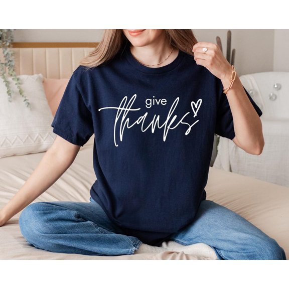 Give Thanks T-Shirt: Minimalist Heart Script, Fall Graphic Tee All Size S-5Xl