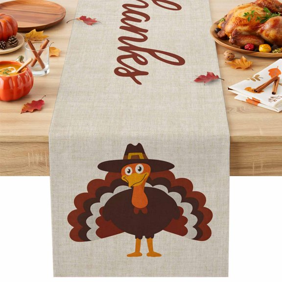 Give Thanks Table Runner, Thanksgiving Turkey Fall Linen Texture Decorative Table Runner for Kitchen, Dining‑Room, Banquet and Holiday Party, 13x120 Inch