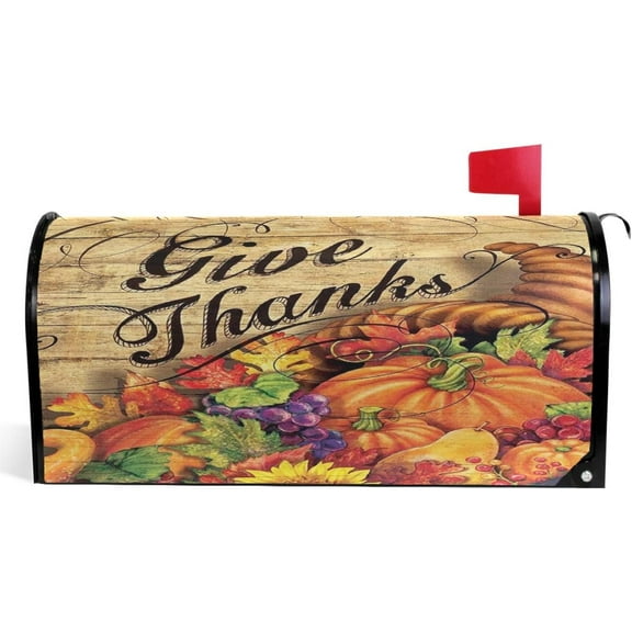 Give Thanks Thanksgiving Mailbox Cover Horn of Plenty Pumpkins Mailbox Covers Magnetic Autumn Fall Mailbox Wraps Post Letter Box Cover Garden Decorations Standard Size 18" X 21"