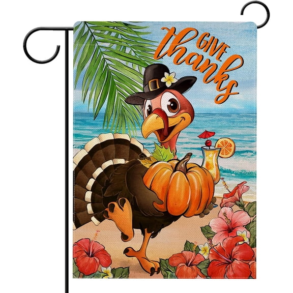 Give Thanks Thanksgiving Turkey Garden Flag, Fall Pumpkin Beach Sea Coastal Decorative Yard Outdoor Home Small Decor, Autumn Hawaii Ocean Hibiscus Flower Tropical Outside House Decoration 12.5x18