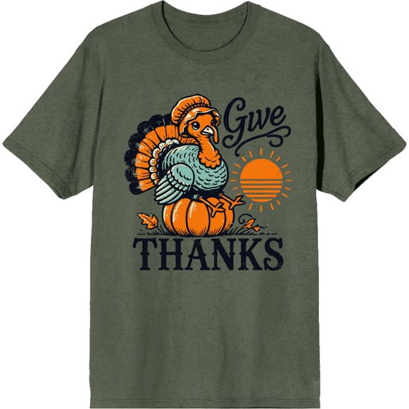 Give Thanks Turkey Sitting On Pumpkin Men's Green Crew Neck Short Sleeve Tee-Medium