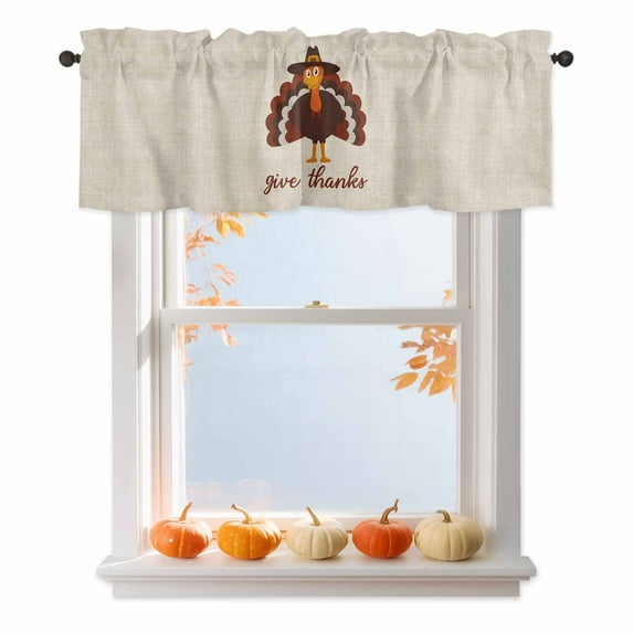 Give Thanks Valances for Windows, 42 x 18in, Thanksgiving Turkey Fall Linen Texture Rod Pocket Kitchen Valance Curtain Light Filtering Window Treatments for Living Room Bedroom, 1 Panel