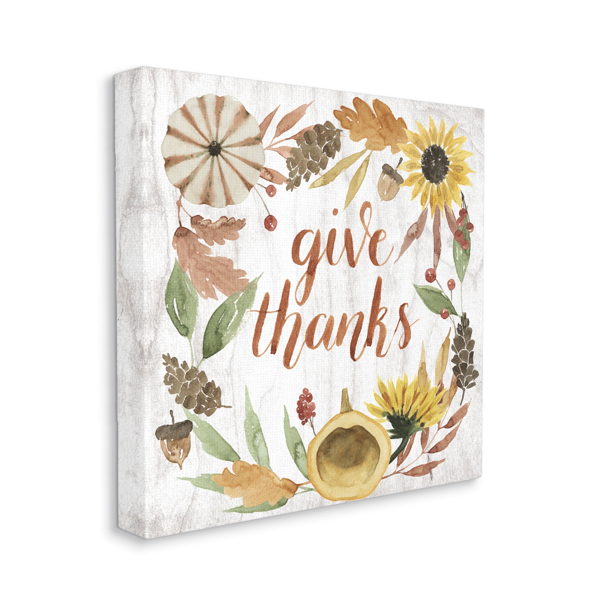 Give Thanks Whimsical Typography Harvest Foliage Typography Gallery-Wrapped Canvas Print Wall Art, 17x17