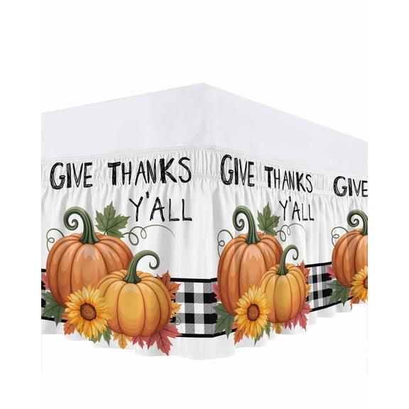 Give Thanks Yall Bed Skirt King Size 16 Inch Drop, Orange Pumpkins Sunflower Black Checkered Wrap Around Dust Ruffle Bedskirts, Wrinkle & Fade Resistant Easy Fit Bedskirt with Adjustable Elastic
