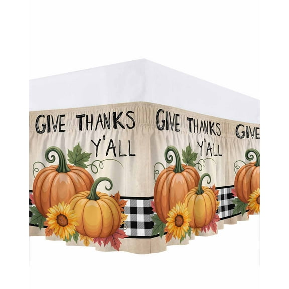 Give Thanks Yall Bed Skirt King Size 16 Inch Drop, Orange Pumpkins Sunflower Black Plaids Wrap Around Dust Ruffle Bedskirts, Wrinkle & Fade Resistant Easy Fit Bedskirt with Adjustable Elastic
