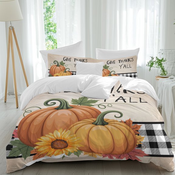 Give Thanks Yall King Duvet Cover Set, Orange Pumpkins Sunflower Black Plaids 4 Piece Microfiber Bedding Set with Zipper Closure, Bed Sheet and 2 Pillow Shams, Soft Bedding Cover
