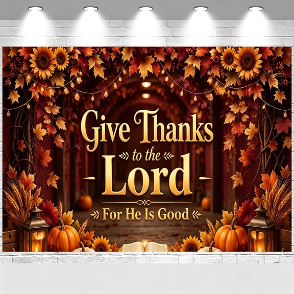Give Thanks to The Lord Fall Backdrop Sunflower Maple Leaf Harvest Banner Christian Thanksgiving Religious Decorations Background