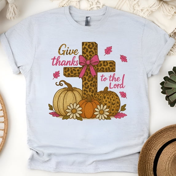 Give Thanks to the Lord Christian Fall Pumpkin Cross Graphic T-Shirt, Ash, Size L