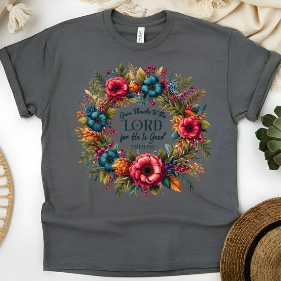 Give Thanks to the Lord Psalm 136:1 Christian Floral Wreath T-Shirt, Dark Heather, Size 3XL