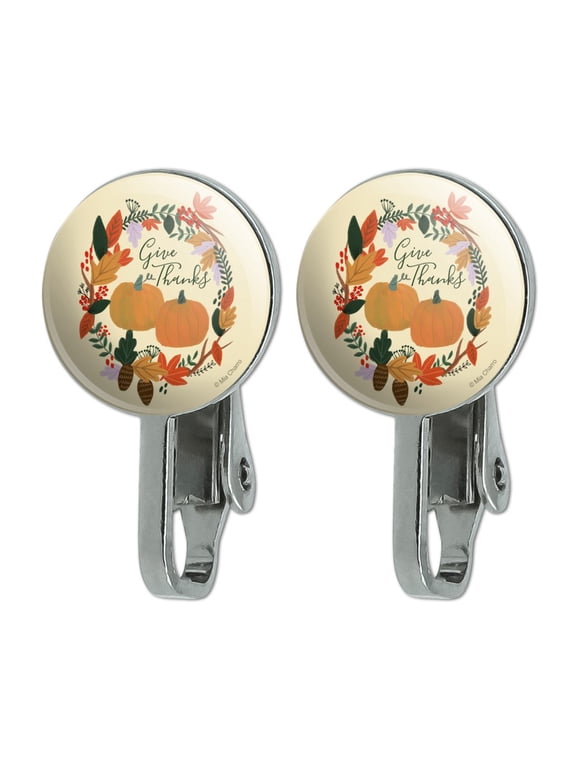 Give Thanks with Pumpkins Thanksgiving Novelty Clip-On Stud Earrings