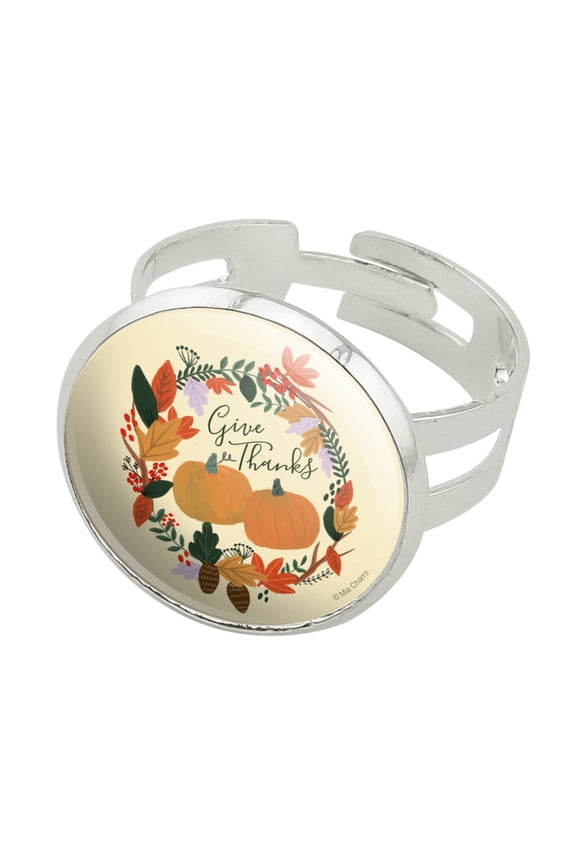 Give Thanks with Pumpkins Thanksgiving Silver Plated Adjustable Novelty Ring
