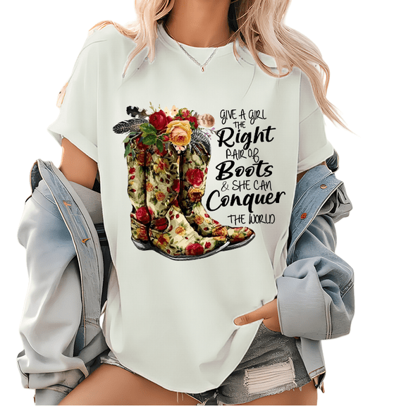 Give a Girl The Right Pair of Boots Pattern Tops Floral Boho Print T Shirts Cowgirl Boots Graphic Tees Short Sleeve Casual Cotton Shirts White,2XL