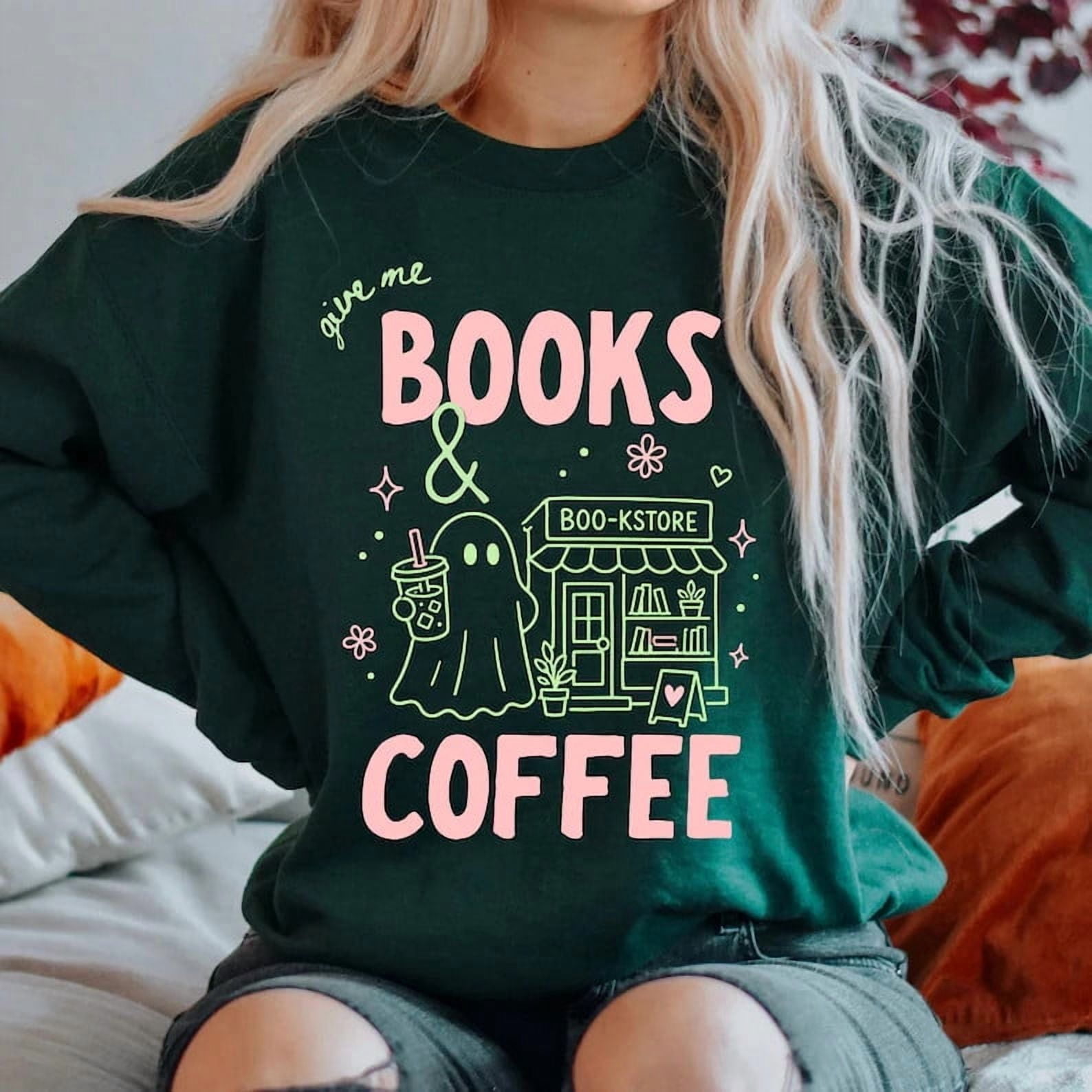 Give me Books Coffee Sweatshirt Ghost Fall Autumn Reading Apparel ...