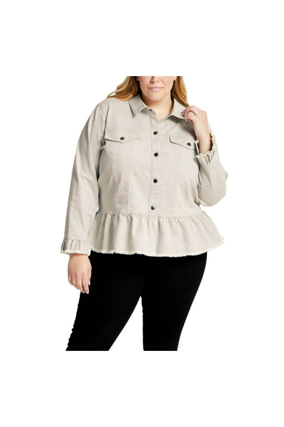 Women's Plus Ruffle Trim Stretch Cotton Blend Twill Peplum Shirt Jacket-Gray / 2X