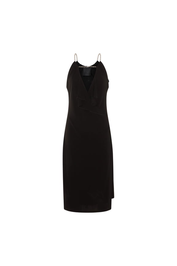 Mid-Length Black Viscose Dress With Delicate Chain Straps (Women's)