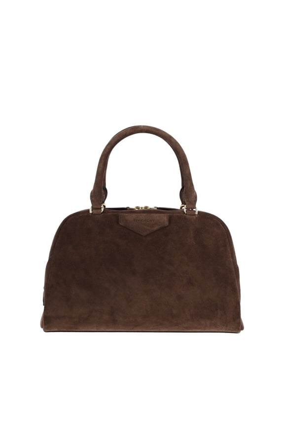 Women's Brown Structured Suede Gold Zipper Handbag Brown