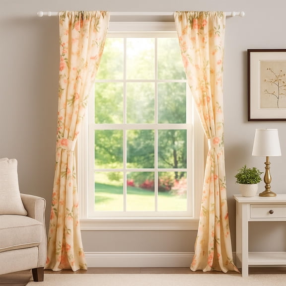 Givi 2 Panel Curtain Set, Microfiber, Orange and White Floral Pattern