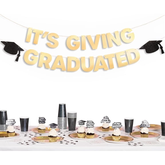 It's Giving Graduated Banner - Gold Foil | 6 Ft. | Graduation Decorations, Grad Cap Sign, College Ceremony Sign, High School Party Photoshoot Backdrop