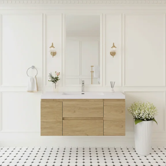 Giving Tree 48" Floating Bathroom Vanity with Sink, Wall-Mounted Storage Cabinet with Solid Surface Top Basin and Soft Close Drawers Fully Assembled, Natural Oak