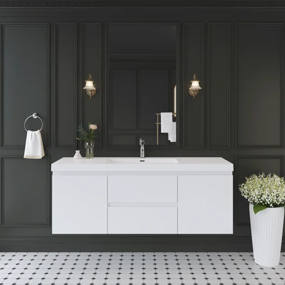 Giving Tree 60" Floating Bathroom Vanity with Sink, Wall-Mounted Storage Cabinet with Solid Surface Top Basin and Soft Close Drawers Fully Assembled, Glossy White