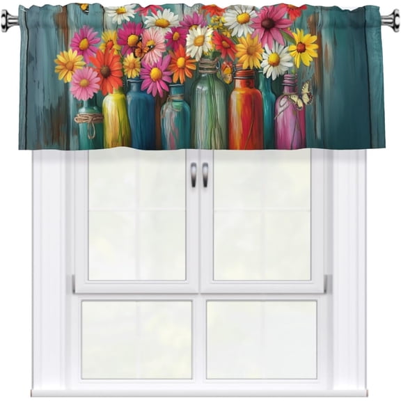 Giwawa Farmhouse Floral Curtain Valance for Windows, 54x18inch Blue Wood Plank Daisy Flowers Toile Rod Pocket Top Treatment Drapes for Living Room Bedroom Cafe Decor