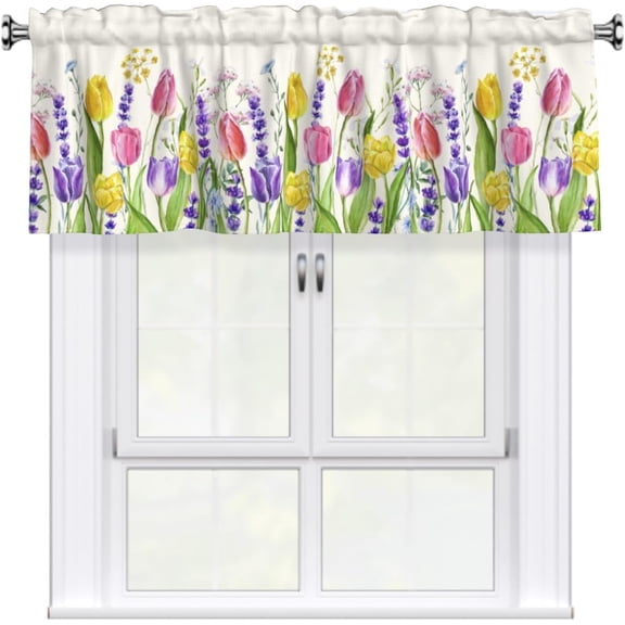 Giwawa Spring Floral Kitchen Curtains Valance, Pink Tulips Butterflies Short Curtains for Windows, Summer Decoration Cafe Curtains, Thermal Insulated Room Darkening Short Curtain 54x18 Inch