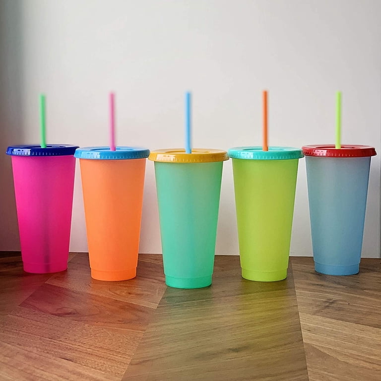 Gixusil 5 Pack Color Changing Cups with Straw Set, 24oz Cold Water Cups, Summer Iced Coffee Party Cup for Adults, PlasticMulticolour