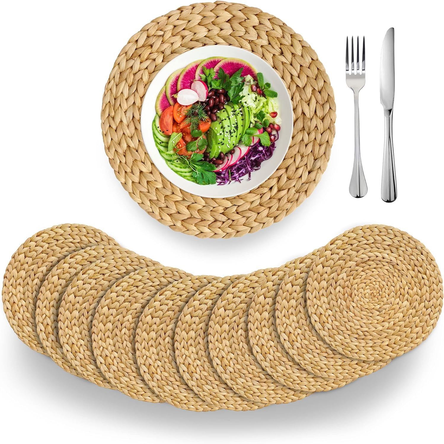 Gixusil 8 Pack 15 inch Woven Placemats, Round Plate Chargers Natural