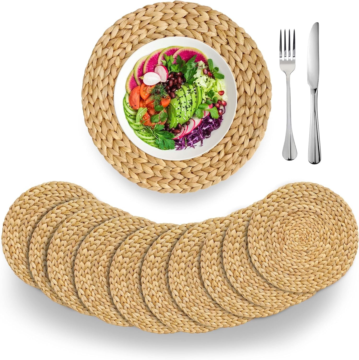 Gixusil 8 Pack 15 inch Woven Placemats, Round Plate Chargers Natural Water Hyacinth Heat Resistant Non-Slip Weave Placemats Farmhouse Straw Braided Rattan Tablemats Wicker Placemats for Dining Table