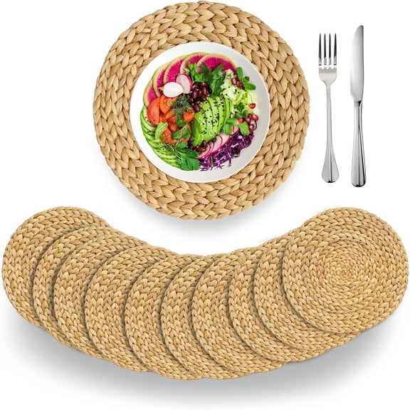 Gixusil 8 pack Wicker Woven Placemats, 15" Round Heat Resistant Non-Slip Rattan Tablemats Natural Water Hyacinth for Farmhouse Dining Table