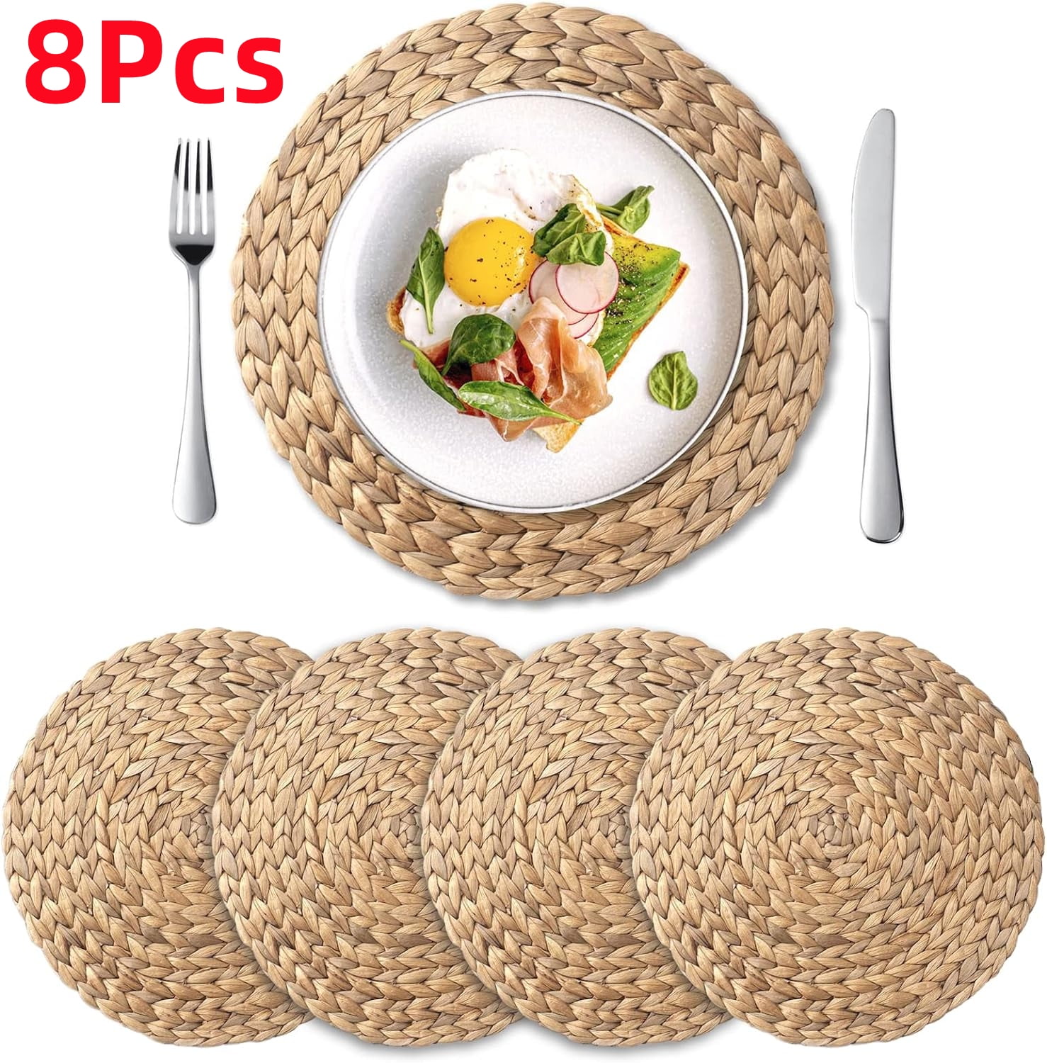 Gixusil 8 Pcs Round Woven Placemats , Natural Water Hyacinth Place Mats, Boho Wicker Placemats, ,Water Hyacinth Table Mats for Dining Table (11.8 inch)