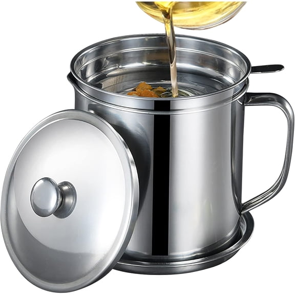 Gixusil Bacon Grease Container 43.96oz (1.3L) Stainless Steel Food Oil Container with Strainer Can Kitchen Filter Pot Storge Frying Oil Cooking Grease，Silver