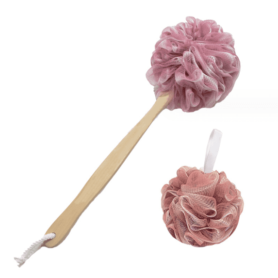 Gixusil Loofah Back Scrubber for Shower | Bamboo Charcoal Fiber Infused | PE Soft Mesh Loufas for Men & Women | Includes 1 Long Handled Shower Sponge, 1 Bath & Shower Luffa Pouf ,Burgundy