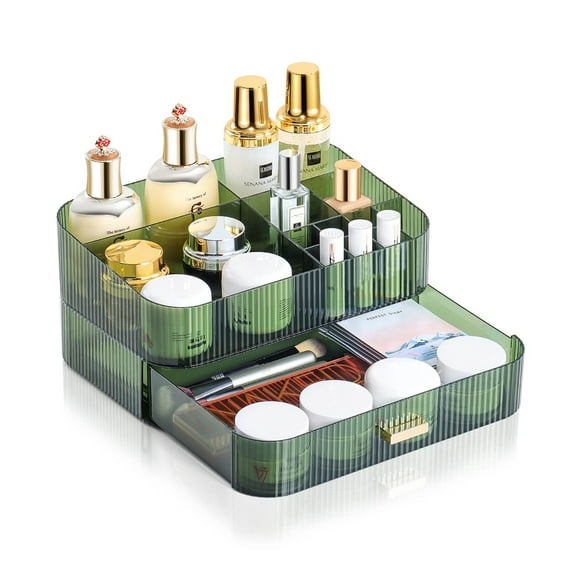 Gixusil Makeup Organizer, Green Acrylic Clear Cosmetic Organizer Display Cases with Stacked Drawers, Large Make Up Organizer Storage Box, Skincare Beauty Storage for Countertop,Vanity, Bathroom, Desk
