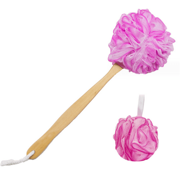 Gixusil Rose Red Shower Sponge Loofah Back Scrubber, PE Soft Mesh Loofah Body Scrubber with Long Wooden Handle, Bath Sponge for Men Women Large Mesh Shower Pouf on A Stick