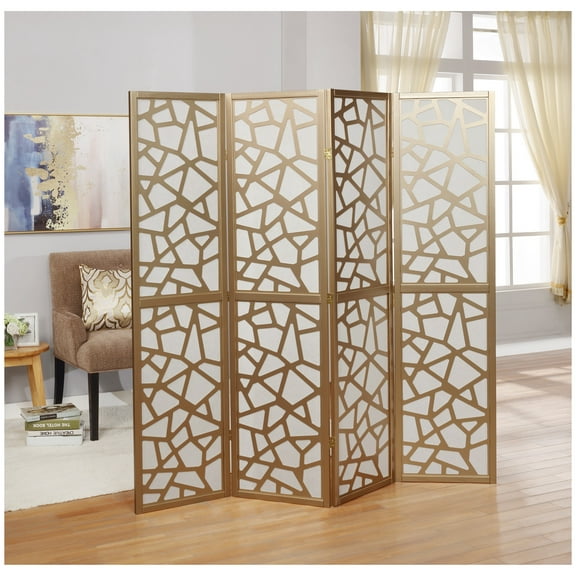 Giyano 4 Panel Room Divider - 70" H x 70" W Gold Screen - Pine Wood & MDF Folding Privacy Partition - Home & Office Dcor