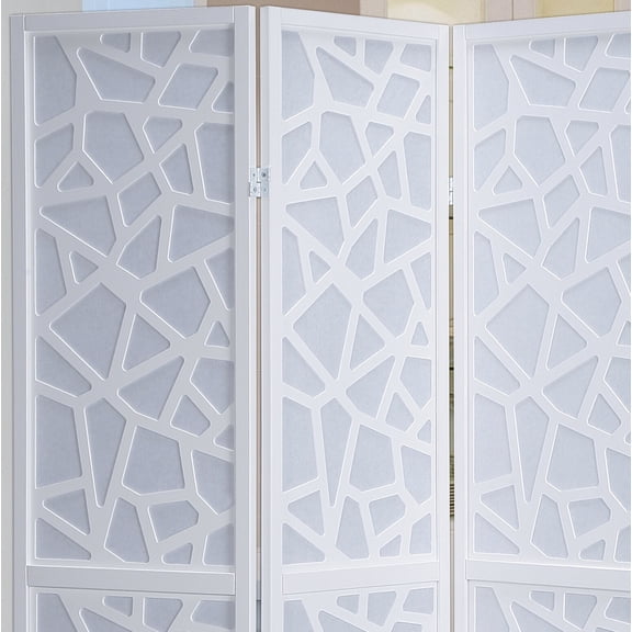 Giyano 4 Panel Screen Room Divider, White - Decorative Folding Privacy Screen for Room Separation, 70 inch Tall Pine Wood and MDF Room Divider with Mosaic Cut Design