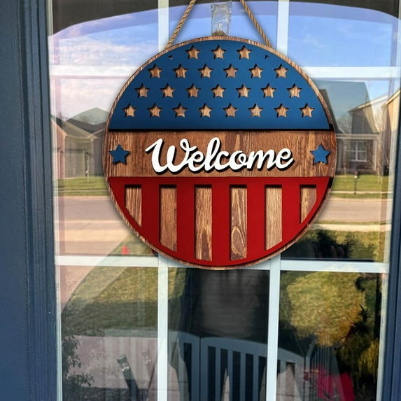 Giyblacko 4th of July Independence Day Welcome Sign Independence Day Decorative Door Panel Round Wooden American Flag Patriot Door Front Porch Wall Memorial Day Decoration